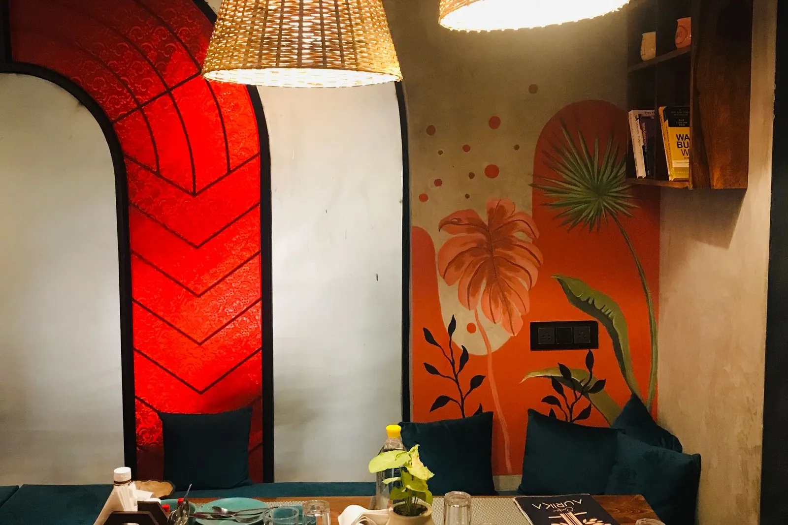 The warm dining room with hanging lamps